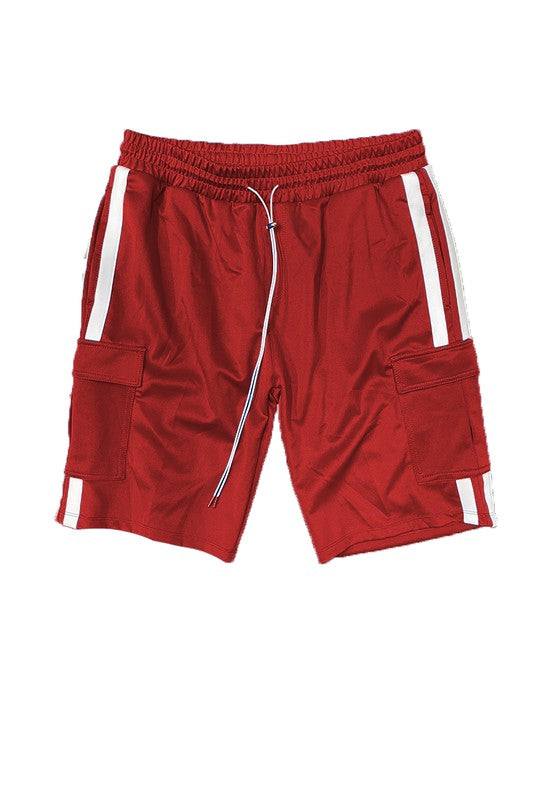 Two Stripe Cargo Pouch Shorts with elastic waist and side cargo pockets.